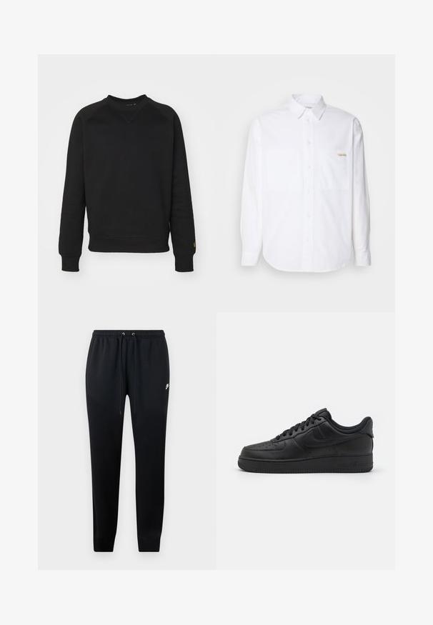 Sort crewneck sweatshirt med lange ærmer, ribbede manchetter og kant. Har en trekantet sømdetalje ved halsudskæringen og logoaccent.; Hvid langærmet skjorte med knaplukning, lavet af bomuld. Har to brystlommer, en buet kant og et lille guldlogo på venstre lomme.; Sorte sweatshirtbukser lavet af blødt stof, med elastisk talje og snoretræk, ribbede ankler og en lille logo-detalje på siden.; Nike Sportswear AIR FORCE 1 07 FLYEASE - Sneakers - black