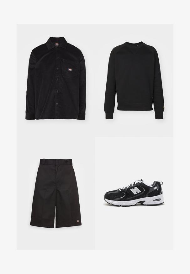Sweatshirt noir à col ras du cou avec des manches longues, des poignets et une taille côtelés. Présente un détail cousu en forme de triangle au niveau du col et un accent logo.; Chemise en velours côtelé noir avec un col à boutonnière, manches longues, poche avant et patch logo. Présente un motif de tissu texturé.; Shorts en coton noirs à coupe droite, longueur genou, arborant un logo de marque visible sur l'ourlet et une texture lisse.; Baskets de sport noires et grises avec un tige en mesh et en suède, présentant une semelle intermédiaire blanche, des lacets et un logo "N" audacieux sur le côté.