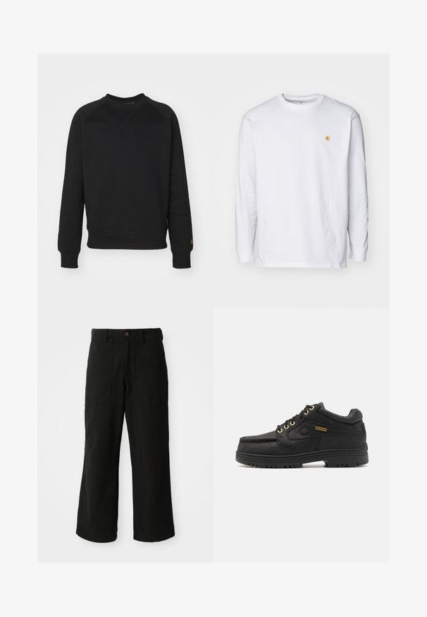 Čierny crewneck sveter s dlhými rukávmi, rebrovanými manžetami a pásom. Obsahuje trojuholníkový prešitý detail na výstrihu a logový akcent.; Biely tričko s dlhým rukávom z bavlny. Na hrudi má malé zlaté logo a okrúhly výstrih. Jednoduchý dizajn a štandardný strih.; Čierne nohavice s širokými nohavicami vyrobené z mäkkej látky, s prednými vreckami a zapínaním na gombík v páse. Minimalistický dizajn bez viditeľných vzorov.; Čierna kožená šnurovacia topánka s polstrovaným golierom, hrubou podrážkou, zlatými očkami a štítkom Gore-Tex na boku.