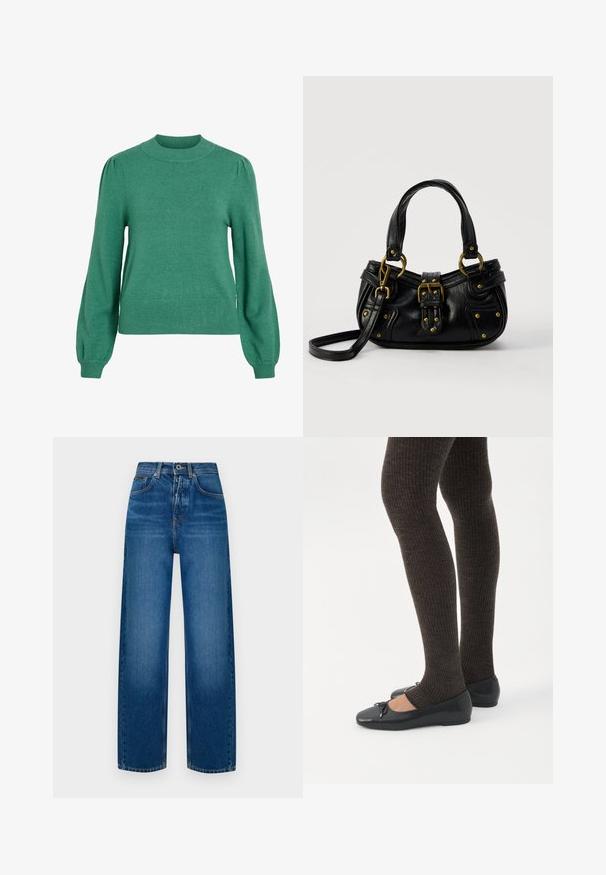 Groene gebreide trui met een ronde hals, lange pofmouwen en een geribde zoom. Soepele textuur en een aansluitende pasvorm.; Wijdvallende denim jeans in vervaagd blauw. Voorzien van een knoopsluiting, klassiek vijf-pocket ontwerp en een zachte, gestructureerde afwerking.; Benen met donkere geribbelde leggings gecombineerd met zwarte ballerina's met kleine strikdetails op een witte achtergrond.; Zwarte leren handtas met gouden gesp en klinknagel details, korte handvatten en een verstelbare schouderriem op een effen witte achtergrond.