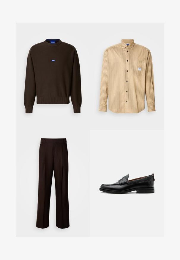 Brun strikket sweater med rund hals, ribstrikkede ærmekanter og kant forneden samt en lille blå "HUGO"-logo på brystet. Glat tekstur over det hele.; Tan skjorte med knapper, lodrette sorte striber, spids krave, enkelt brystlomme og sorte knapper. Fremstillet af let stof.; Brune skræddersyede bukser med lige ben, featuring en frontfold, glat texture og klassisk talje. Egnet til formelt brug.; Sort læder herre loafer med moc-tå syning, penny strop, struktureret krave og lav stablet hæl på hvid baggrund.