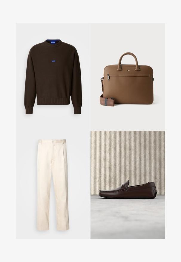Pull en maille marron avec un col rond, des poignets et un ourlet côtelés, et un petit logo bleu "HUGO" sur la poitrine. Texture lisse sur toute la surface.; Pantalon en coton beige avec une coupe droite, présentant une fermeture à bouton et des plis sur le devant pour plus de détails.; Mocassins en cuir marron avec une finition lisse, des coutures de style mocassin, un bout rehaussé et une semelle en caoutchouc basse et flexible.; Mallette en cuir marron avec poignées supérieures, poche avant zippée et bandoulière assortie amovible sur fond blanc.