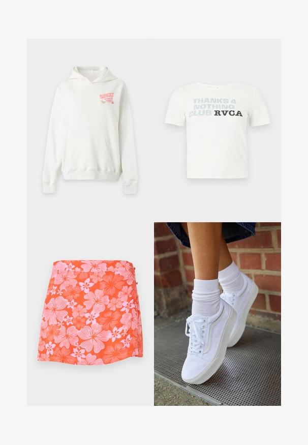 Sweat à capuche blanc avec poche avant et texte "SUNSET" avec un graphisme de fruit en rose et orange sur la partie gauche supérieure de la poitrine.; T-shirt blanc à manches courtes avec le texte "THANKS 4 NOTHING CLUB RVCA" imprimé sur la poitrine en lettres bleues et noires.; Mini-jupe orange vif avec grand imprimé floral rose, boutons sur le côté et ourlet droit.; Baskets en toile blanches avec semelles en caoutchouc, dotées de six œillets, d'un bout rond et de détails de couture légers, portées avec des chaussettes blanches mi-mollet.