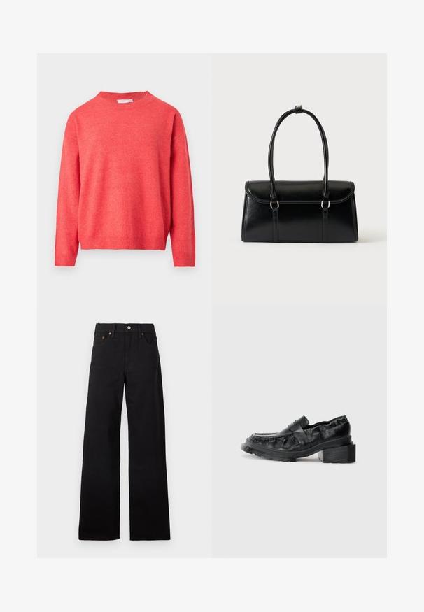 Koralfarvet strikket sweater med rund halsudskæring, faldende skuldersømme, ribstrikkede ærmeafslutninger og talje. Blød tekstur med en let skinnende effekt.; Sorte højtaljede vidde-ben jeans med knap og lynlås foran, bæltestropper og fem-lommer design på en ensfarvet baggrund.; Sorte læderloafers med en struktureret sål, der har en let forhøjet blokhæl og en tekstureret overdel, sikret med en frontrem.; Sort rektangulær læderhåndtaske med klaplukning og to lange håndtag mod en ensfarvet hvid baggrund.