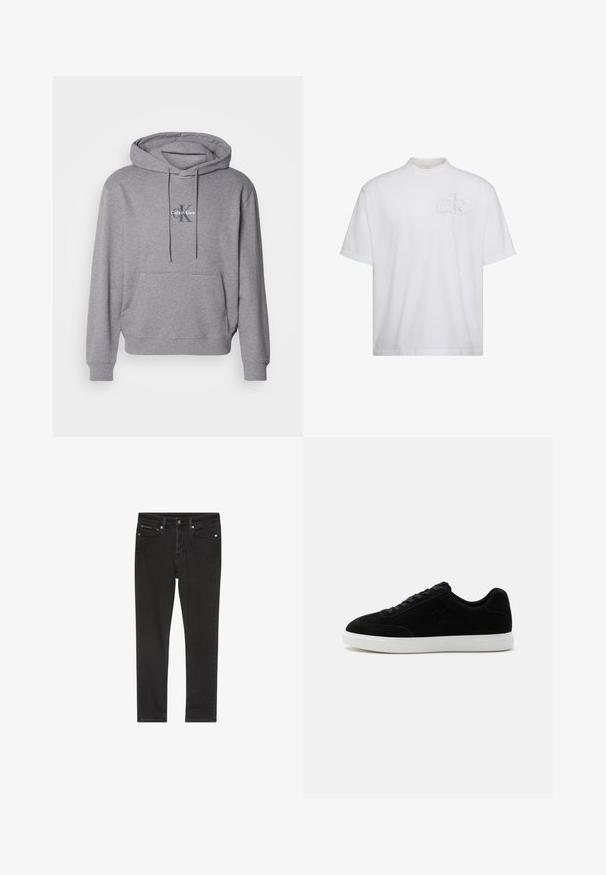 Grauer Pullover Hoodie aus Baumwollmischung, mit Kängurutasche, Kapuze mit Kordelzug und gesticktem Calvin Klein Logo auf der Brust.; Weißes T-Shirt mit kurzen Ärmeln und Stehkragen, mit dezent erhabenem "ck"-Logo auf der linken Brustseite.; Schwarze Denim-Jeans mit schmaler Passform, ausgestattet mit vier Taschen, einem Metallknopfverschluss und leichten Used-Details. Glatte Textur und klassisches Design.; Schwarzer Sneaker mit niedrigem Schaft und Schnürung vorne, dezentes "ck" Logo an der Seite und dicker weißer Gummisohle auf schlichtem hellem Hintergrund.