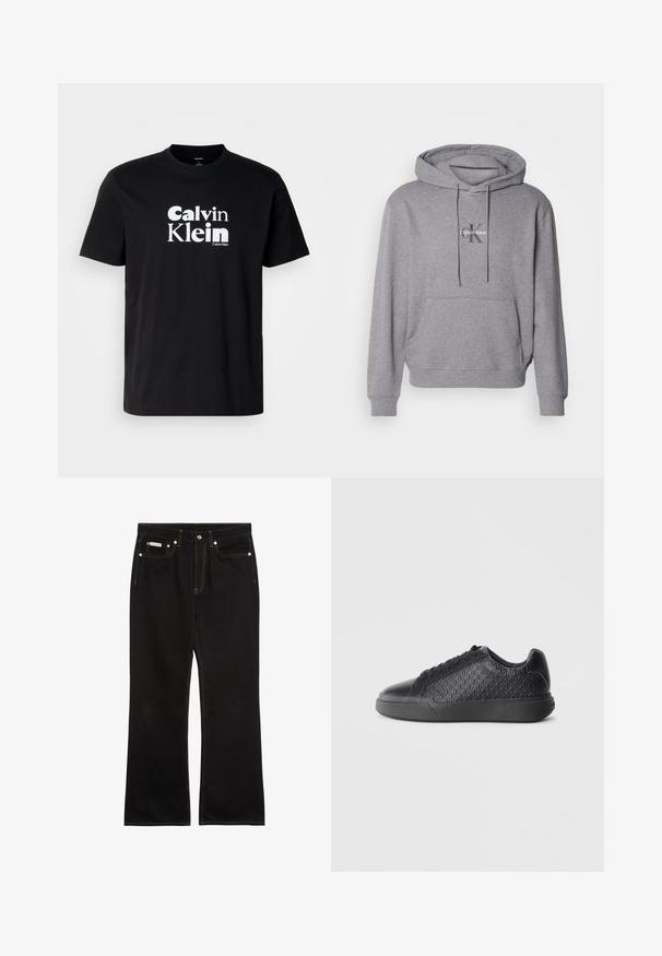Šedý pulóver s kapucňou vyrobený z bavlnenej zmesi, s kangaroo vreckom, šnúrkou na kapucni a vyšitým logom Calvin Klein na hrudi.; Čierne bavlnené tričko s výrazným bielym logom "Calvin Klein", okrúhly výstrih, krátke rukávy a klasický strih.; Čierne rovné rifle s oranžovým prešitím, piatimi vreckami, zapínaním na gombíky a malou značkou Calvin Klein na pravom prednom vrecku.; Čierne tenisky vyrobené z textúrovaného syntetického materiálu, s diamantovým vzorom, okrúhlou špičkou, plochou gumovou podrážkou a klasickým šnurovaním.