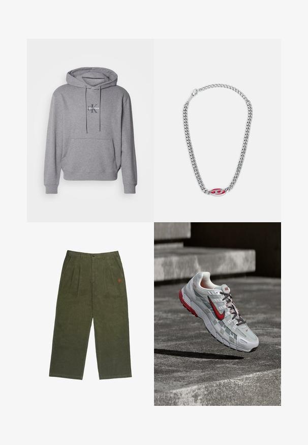 Grauer Pullover Hoodie aus Baumwollmischung, mit Kängurutasche, Kapuze mit Kordelzug und gesticktem Calvin Klein Logo auf der Brust.; Olivgrüne Cordhosen mit lockerem Schnitt, knopfverschluss, vorderen Falten und kleinem, rotem gesticktem Logo.; Weißer und grauer Nike-Laufschuh mit roten Akzenten und schwarzen Schnürsenkeln, schwebend über grauen Betonstufen.; Diesel NECKLACE - Halskette - silver coloured