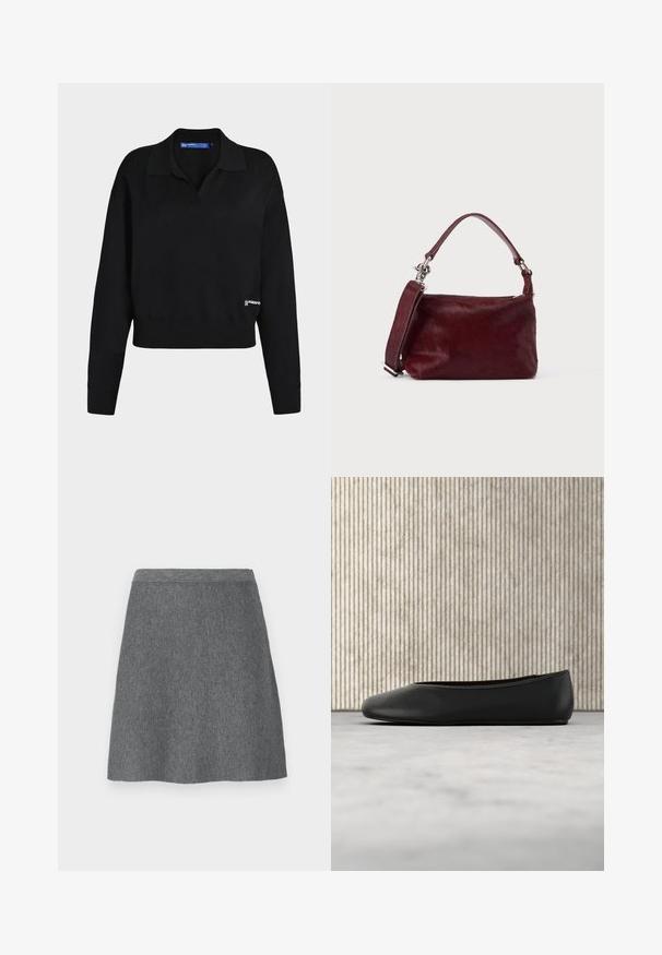 Pull en maille noir à manches longues avec col, poignets et ourlet côtelés, et petit logo blanc près du bas à droite.; Jupe en laine grise avec une taille ajustée, forme évasée et texture lisse. Pas de poches ni de détails métalliques visibles.; Ballerine en cuir noir avec un bout arrondi, texture lisse et un accent logo doré sur le côté. Placée au-dessus d'une surface réfléchissante.; Petit sac à main rectangulaire bordeaux avec finition texturée, poignée courte et bandoulière amovible sur un fond clair uni.