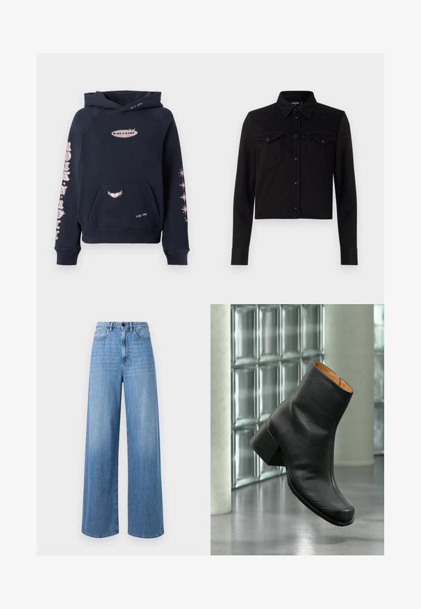 Marineblå hættetrøje med frontlomme, med lyserød trykt tekst og designs på ærmerne, lavet af et blødt stof med en afslappet pasform.; Sort cropped denimskjorte med lange ærmer, spids krave, frontlukning med trykknapper og to brystlommer. Har kontrasterende syninger.; Lyseblå brede jeans lavet af denim, med høj talje, bælte loops, forlommer og kontraststikninger.; Sort struktureret læderankelstøvle med blokhæle, vist indendørs på en reflekterende gulv med glasblokbaggrund.