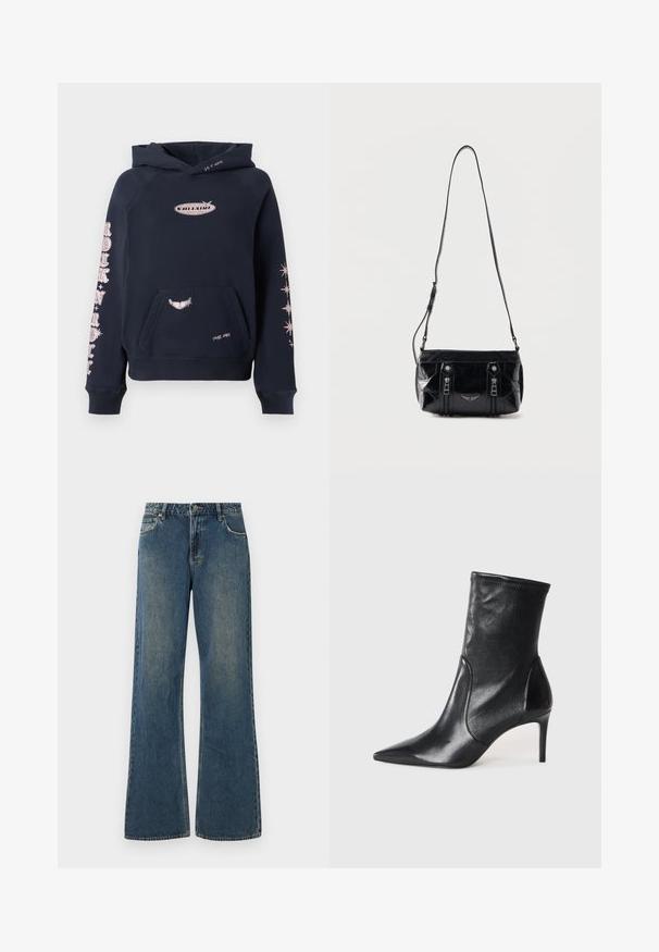Marineblå hættetrøje med frontlomme, med lyserød trykt tekst og designs på ærmerne, lavet af et blødt stof med en afslappet pasform.; Bredde ben denim jeans i mellemblå med en falmet finish. Har fem lommer, bæltestropper og en metalknaplukning. Så lavet af bomuldsstof.; Sorte ankelstøvler lavet af glat læder, med spids tå, tætsiddende skaft og en slank høj hæl. Minimalistisk design uden synligt hardware.; Sort skuldertaske i læder med justerbar rem, to lodrette lynlåse foran og et lille metalvinge-emblem under lynlåsene.