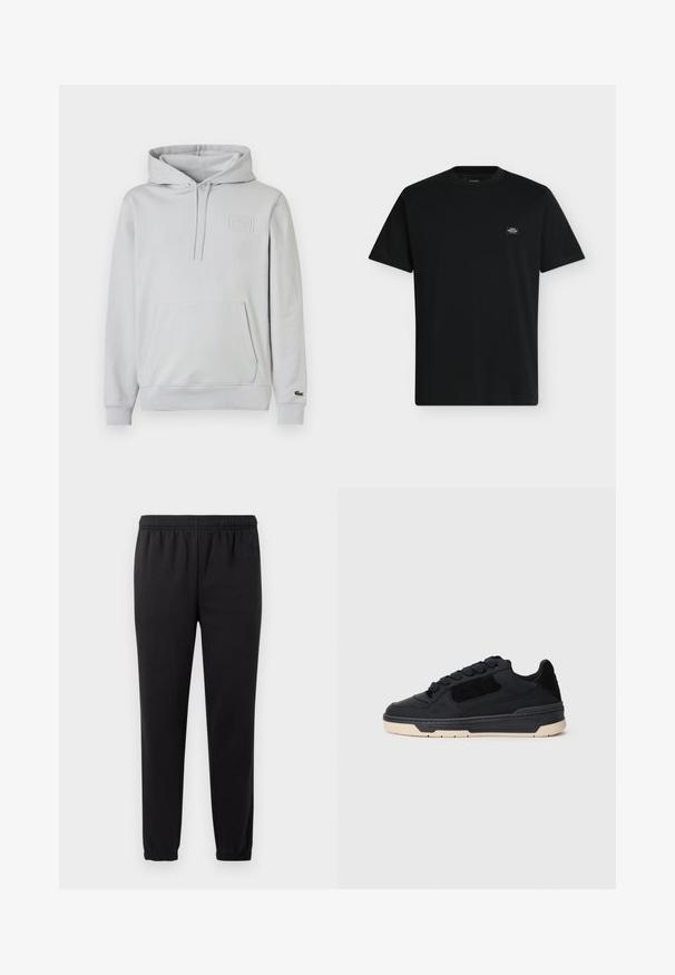 Sudadera con capucha de color gris claro, hecha de mezcla de algodón, con bolsillo tipo canguro, capucha con cordón ajustable y detalle de logo en relieve en el pecho.; Camiseta negra de manga corta con cuello redondo y un pequeño parche rectangular con el logo en la parte superior izquierda del pecho.; Pantalones de chándal negros con cintura elástica, piernas ajustadas y tejido texturizado. Presenta un sutil detalle del logo en el lado izquierdo.; Zapatilla negra de corte bajo con suela gruesa color beige, paneles de ante y cuero, y cordones redondos negros, mostrada en perfil lateral izquierdo.
