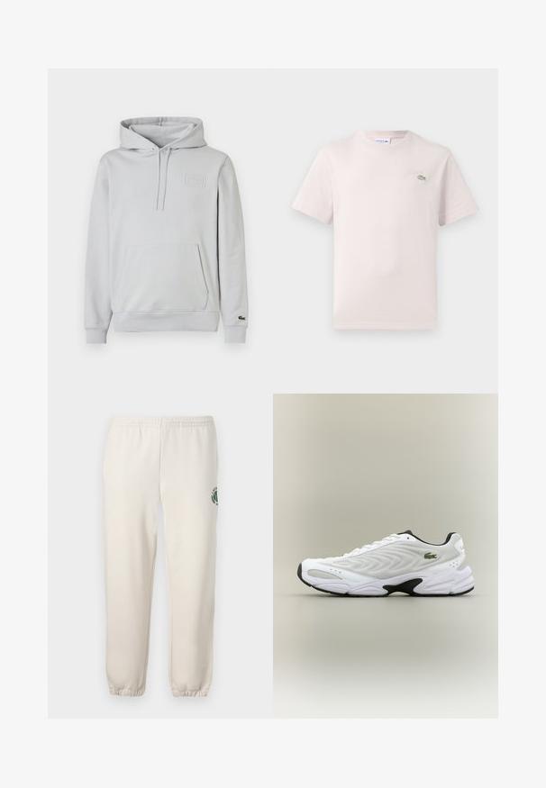Sudadera con capucha de color gris claro, hecha de mezcla de algodón, con bolsillo tipo canguro, capucha con cordón ajustable y detalle de logo en relieve en el pecho.; Camiseta de algodón rosa claro con cuello redondo, mangas cortas y un logo bordado de Lacoste en verde en el pecho. Textura suave.; Pantalones de chándal de color beige claro, hechos de algodón, con una cinturilla elástica, puños acanalados y un logo verde con diseño de hoja en la pierna izquierda.; Zapatilla deportiva blanca con parte superior de malla texturizada, diseño curvado y suela exterior negra en contraste. Presenta un logo verde bordado en el lateral.