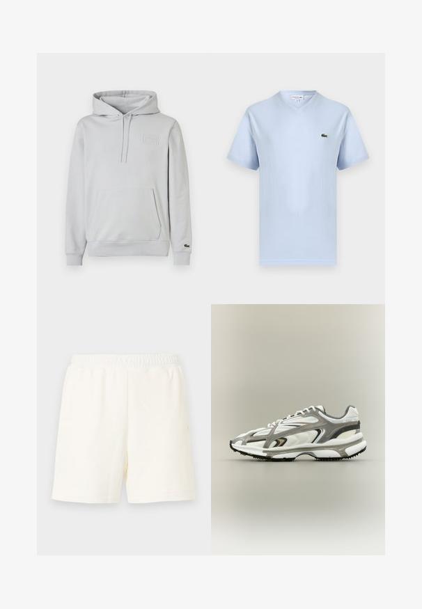 Sweat à capuche gris clair en mélange de coton, avec poche kangourou, capuche à cordon réglable et détail de logo en relief sur la poitrine.; T-shirt bleu clair à col en V et manches courtes avec petit logo crocodile vert Lacoste sur le côté gauche de la poitrine.; Shorts à genoux de couleur blanc cassé avec une ceinture élastique et sans poches visibles, présentés sur un fond clair uni.; Chaussure de sport avec une tige en mesh blanc, des accents gris, une semelle en caoutchouc noire et un design épuré. Elle présente des lacets et des détails texturés.