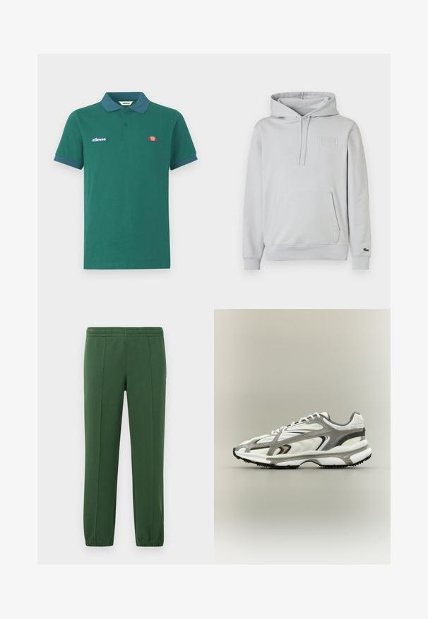 Lichtgrijze hoodie gemaakt van een katoenmengsel, met een kangoeroezak, verstelbare capuchon met trekkoord en een geperst logodetail op de borst.; Groene polo shirt van katoen met een contrasterende blauwe kraag en manchetten. Heeft een geborduurd logo en een klein kleurrijk ontwerp op de borst.; Groene joggingbroek van zacht materiaal; heeft een elastische tailleband, taps toeloopende pijpen en een klein logo aan de zijkant.; Sportschoen met een witte mesh bovenkant, grijze accenten, zwarte rubberen zool en een gestroomlijnd ontwerp. Bevat veters en textuurdetails.