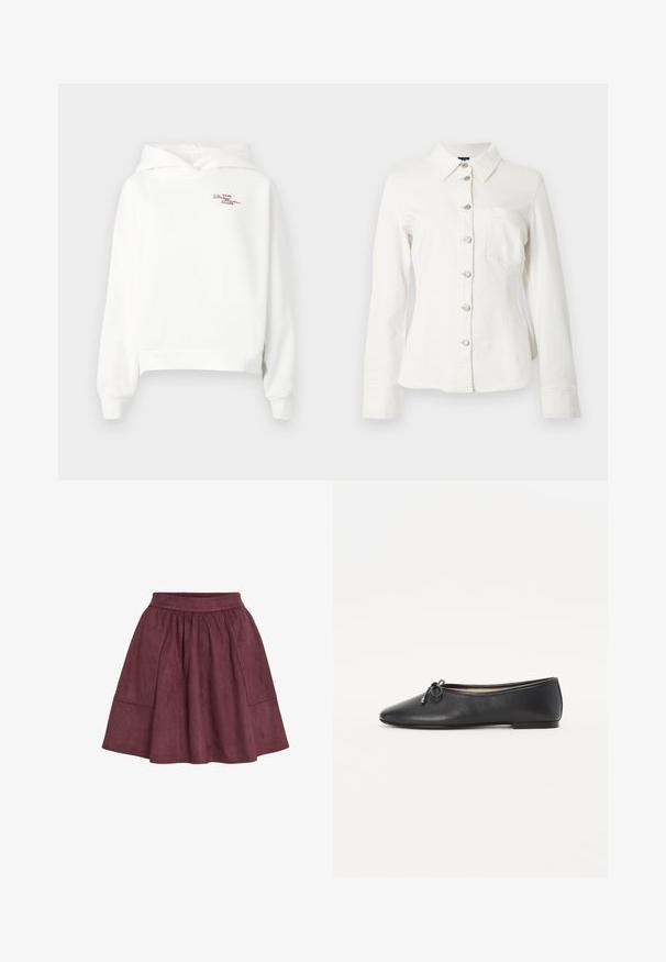 Weiße, verkürzte Kapuzenjacke aus weichem Baumwollmaterial. Mit einer Vorderseite in Kängurutaschen-Design und gerippten Bündchen. "THE Disheartened CLUB" in Rot gestickt.; Weißes Denimhemd mit Kragen, langen Ärmeln und einer vorderen Knopfleiste. Verfügt über eine einzelne Brusttasche und silberne Knopfdetails.; Bordauxfarbene Wildlederrock mit ausgestellter Form, elastischem Bund und zwei Seitentaschen. Er zeichnet sich durch eine weiche Textur und ein minimalistisches Design aus.; Schwarze Leder-Ballerinas mit runder Zehenpartie und dekorativem Schleifchen. Das Design zeichnet sich durch eine glatte Textur und einen niedrigen, flachen Absatz aus.