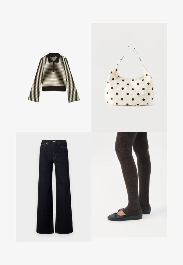 Sort og beige horisontalt stribet langærmet polo skjorte med sort krave og knaplukning, lagt fladt på en hvid baggrund.; Mørkeblå brede jeans lavet af denim, med høj talje, kontraststing og en enkelt metalknap foran.; Ben iført mørke ribbede leggings kombineret med sorte balletsko med små sløjfedetaljer på hvid baggrund.; Håndtaske i cremefarvet stof med sorte polkaprikker og en enkelt skulderrem, vist mod en ensfarvet hvid baggrund.