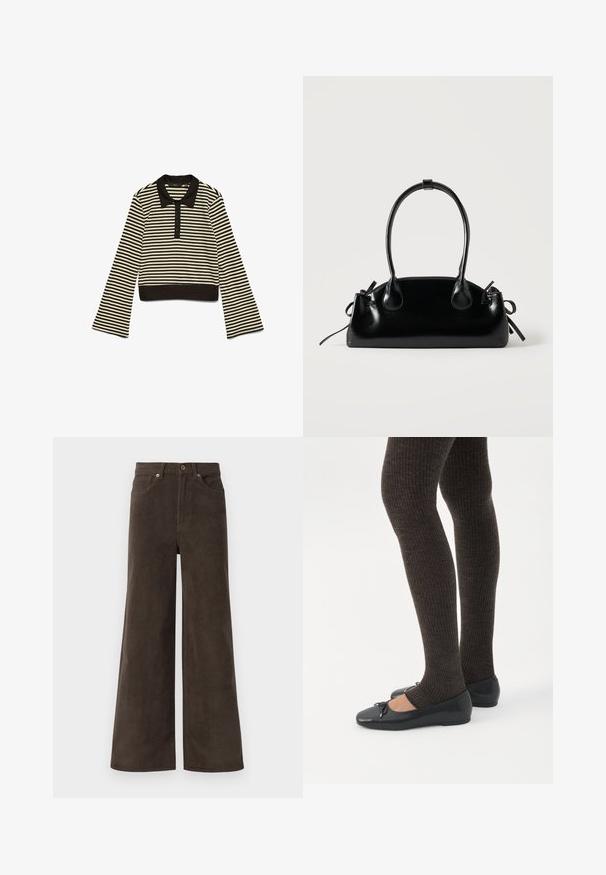 Polo rayé horizontal noir et beige à manches longues avec un col noir et une patte de boutonnage, posé à plat sur un fond blanc.; Pantalons en velours côtelé larges marron foncé avec poches avant, passants de ceinture et fermeture à boutons à la taille.; Jambes portant des leggings côtelés foncés associés à des ballerines noires avec de petits détails en nœud sur fond blanc.; Petit sac à main noir brillant avec deux longues anses et des détails à cordon sur les côtés sur un fond clair uni.