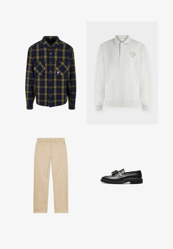 Polo à manches longues gris clair avec poignets côtelés et petit logo et design "LES DEUX" sur la poitrine gauche.; Chemise en flanelle à carreaux bleu marine et jaune, avec deux poches avant, boutonnage avant et un petit logo sur la poche gauche. Texture douce.; Trussardi DYNAMIC - Jean droit - beige; Mocassins en cuir noir avec une surface lisse, un bout arrondi et un gland décoratif sur la bride. Semelle plate et détails de couture subtils.