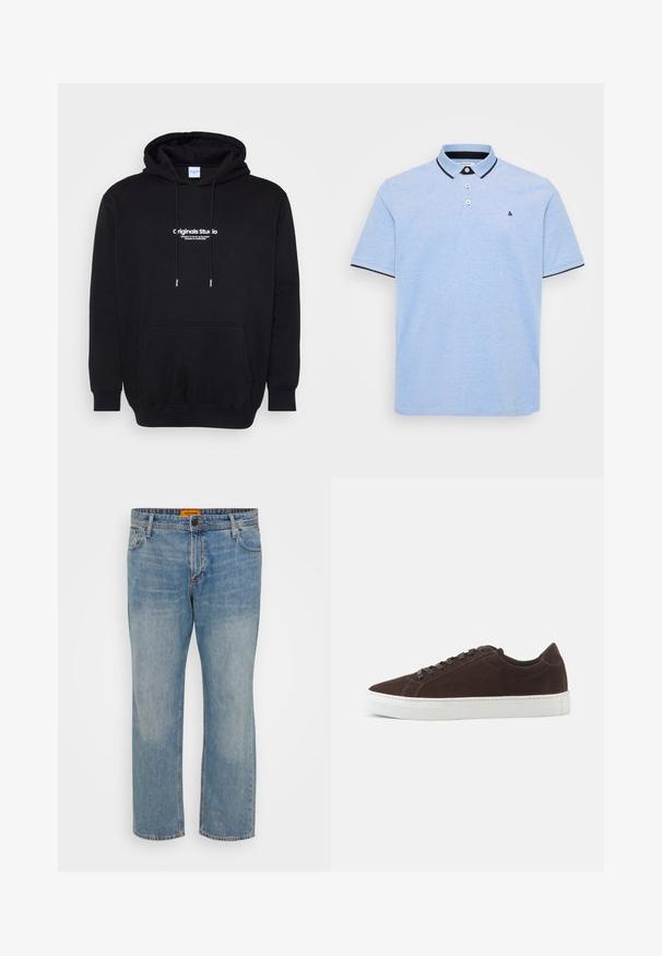 Sort hættetrøje lavet af blødt stof, med en frontlomme og fed hvid logo tekst på brystet. Regular fit med snore.; Lyseblå polo skjorte med en to-knaps placket, kontrasterende mørk krave og kantdetaljer. Blødt bomuldsstof med en tekstureret overflade.; Lyseblå denim jeans med lige ben, der har fem lommer, knaplukning og orange mærke på taljebåndet.; Mørkebrune ruskind lave sneakers med matchende snørebånd og tyk hvid gummisål, vist fra siden på en ensfarvet baggrund.