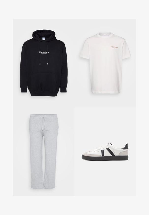 Must have kapuutsiga sweatshirt, mis on valmistatud pehmest kangast, esipocketiga ja julge valge logo tekstiga rinnal. Regulaarne lõige koos tõmblukkudega.; Valge puuvillane t-särk ümmarguse kaelusega. Vasakul rinnal on väike pruun logo. Lühikesed varrukad ja mugav lõige.; Heledad hallhalli, mis on valmistatud pehmest kangast, elastse vöökohtadega ja paelaga, sirge jalaga disainiga ning küljetaskutega.; Valged tossud mustade ja hallide aktsentidega, tekstureeritud halli varbakattega, musta kummitald ja lamedad valged paelad. Puhtad jooned, minimalistlik stiil.