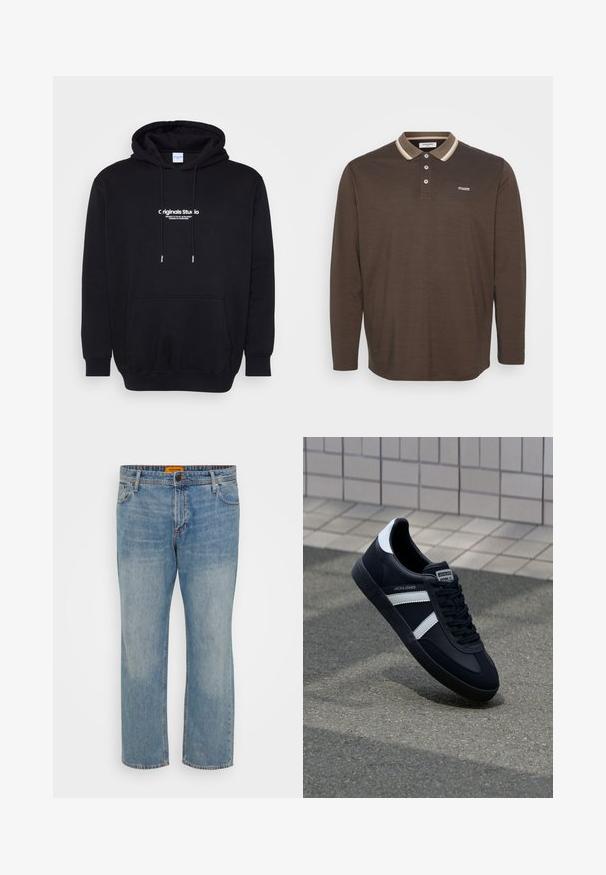 Schwarzer Kapuzenpulli aus weichem Stoff, mit einer Vordertasche und kräftigem weißen Logotext auf der Brust. Normale Passform mit Kordelzügen.; Langärmliges Poloshirt in Dunkelbraun mit einem kontrastierenden Beigefarbenen Kragen, Drei-Knopf-Leiste und einem kleinen Logo auf der linken Brust. Weicher Stoff.; Hellblaue Denim-Jeans mit geradem Bein, ausgestattet mit fünf Taschen, einem Knopfverschluss und einem orangefarbigen Markenschild am Bund.; Schwarze Leder-Sneaker mit weißen Streifen, strukturiertem Gummisohle und Schnürung. Verfügt über ein Markenetikett auf der Zunge.