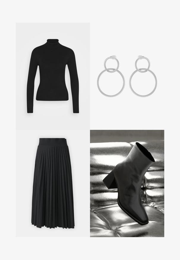 Pull à col roulé noir avec des manches longues, fabriqué à partir d'un tissu en maille lisse. Présente un design ajusté et un col côtelé.; Jupe plissée noire avec une large ceinture, présentant des plis verticaux uniformes. Texture lisse avec un design fluide.; Botte noire à la cheville en matériau brillant avec un bout carré et un talon effilé, sur un fond argenté brillant et capitonné.; Boucles d'oreilles en métal argenté présentant deux cercles entrelacés, un plus grand et un plus petit, avec une finition brossée et des fermoirs à poussoir.