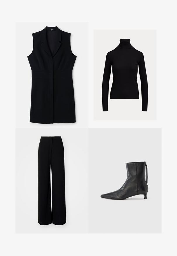 Pull noir ajusté à manches longues avec col roulé et texture côtelée, présenté sur un fond clair uni.; Robe blazer sans manches noire avec une coupe ajustée, dotée d'un col cranté et d'une fermeture frontale unique. Tissu lisse et design minimaliste.; Pantalons larges noirs à taille haute, en tissu lisse, avec fermeture à bouton à l'avant et sans poches visibles, offrant une coupe tailleur.; Bottine en cuir noir à bout pointu, forme structurée et petit talon. Dispose d'une fermeture éclair latérale et d'un design minimaliste.