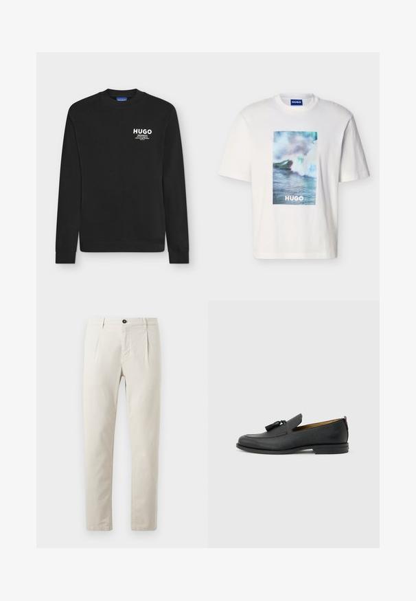 Zwarte trui met lange mouwen en een ronde hals met wit "HUGO" logo en kleine tekst op het bovenste linker gedeelte van de borst.; Wit T-shirt met korte mouwen met blauwe, groene en witte oceaangolfgrafiek en de tekst "HUGO" gecentreerd aan de voorkant.; Beige katoenen broek met een recht-pijpen ontwerp, uitgerust met een enkele zwarte knoopsluiting en twee voorzakken. Glad van structuur.; Zwarte leren herenslof met kwastjes, ronde neus, lage hak en trekkoord aan de achterkant, zijaanzicht op lichtgrijze achtergrond.