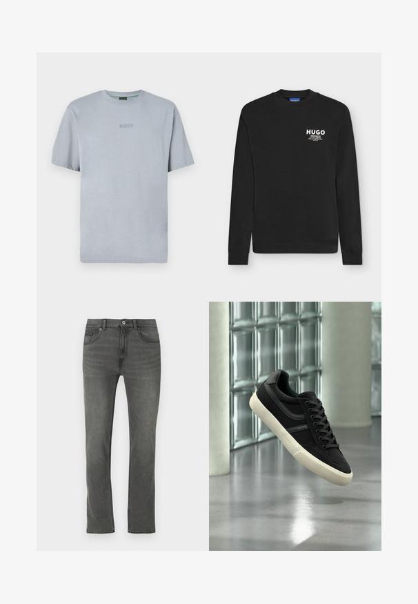 Sort langærmet sweatshirt med rund hals med hvidt "HUGO" logo og lille tekst på øverste venstre brystområde.; Lyseblå T-shirt med korte ærmer lavet af blødt stof med rund hals. Har en broderet "BOSS" logo på brystet.; Grå denimjeans med lige snit, fem lommer og lukning med knapper foran. Stoffet har en subtil tekstur med en let falmet effekt.; Sort lavt sneakersko med hvid sål og snørebånd, mærket "BOSS", svævende indendørs nær glasblokvinduer og betonpiller.