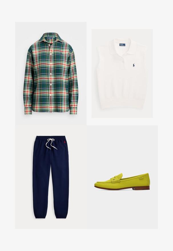 Hvid ærmeløs polo med krave, to knapper og navyblåt Ralph Lauren polo-spillerlogo på venstre bryst.; Langærmet skjorte med knaplukning, i grøn, marineblå, hvid, orange og gul plaidmønster, med spredt krave og lille broderet logo på brystet.; Marineblå joggingbukser med elastisk talje og manchetter, hvid snøre og et lille rødt logo på øverste venstre side.; Lys gul læderloafer med brun sål, syningsdetaljer og lille Polo-mærkat på hælsiden.
