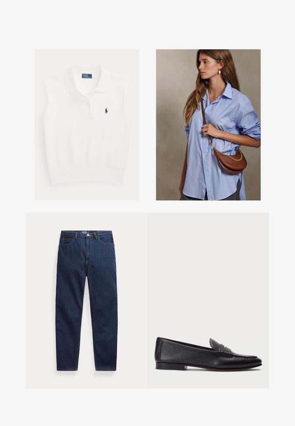 Biele tielkové polo s golierom, dvoma gombíkmi a tmavomodrým logom hráča polo Ralph Lauren na ľavej strane hrudníka.; Tmavomodré rifle z denimu s piatimi vreckami, zapínaním na gombíky a rovnými nohavicami, položené na bielom pozadí.; Čierne kožené loafers s textúrovaným povrchom, vybavené dekoratívnym pásikom a plochým podpätkom. Elegatný, minimalistický dizajn s okrúhlou špičkou.; Mladá žena s dlhými hnedými vlasmi, ktorá nosí svetlomodrú voľnú košeľu a drží hnedú koženú crossbody kabelku so zlatým reťazcom.