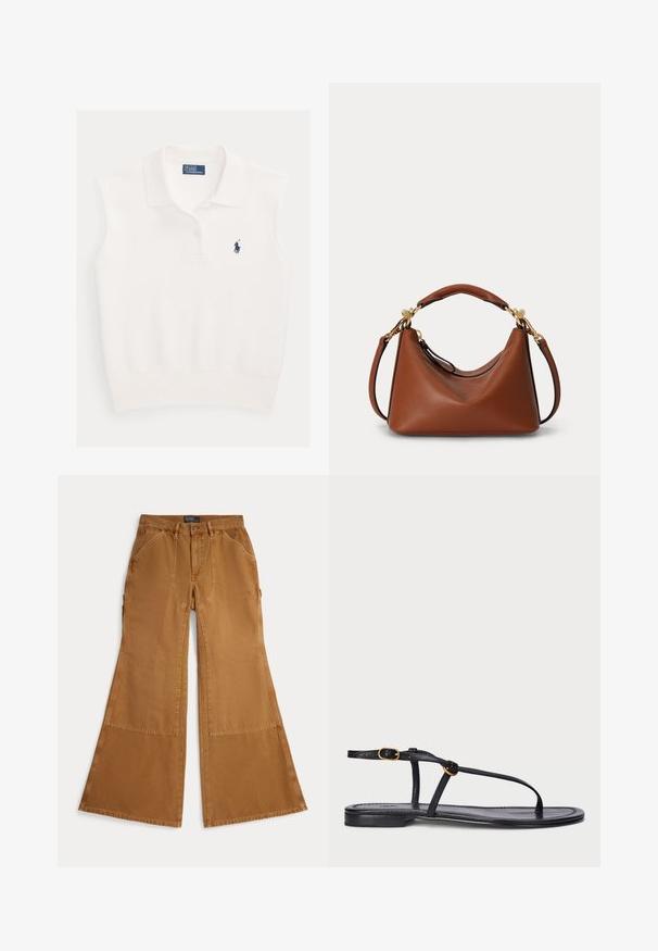 Valkoinen hihaton poolopaita, jossa kaulus, kaksi nappia ja laivaston sininen Ralph Laurenin polopelaajan logo vasemmassa rinnassa.; Ruskeat leveälahkeiset puuvillahousut, joissa on paikkaompeleet, napillinen kiinnitys ja etuosassa viistot taskut. Sileä tekstuuri, rento muotoilu.; Musta litteä sandaali minimalistisella muotoilulla. Varustettu ohutremmeillä, varvasväljällä, kultaisilla yksityiskohdilla ja sileällä, tekstuuripinnalla.; Ruskea nahkainen käsilaukku, jossa lyhyt yläkahva ja irrotettava olkahihna, kullanvärisillä metalliosilla ja kaarevalla, rentoutuneella muodolla.