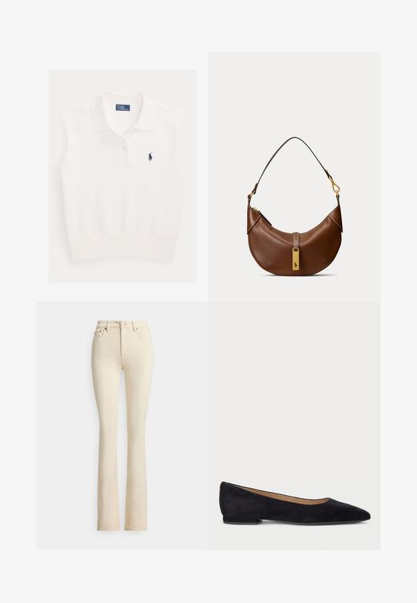Weißes ärmelloses Poloshirt mit Kragen, zwei Knöpfen und marineblauem Ralph Lauren Polo-Spieler-Logo auf der linken Brustseite.; Beige Jeans mit ausgestelltem Bein und hoher Taille, zwei vorderen Taschen und Knopfverschluss. Glatte Textur und minimale Nähte.; Schwarze Wildleder-Ballerinas mit spitzem Zehenbereich, flachem Absatz und glatter, strukturiertem Oberfläche. Dezente goldene Akzente am Absatz.; Braune, halbmondförmige Ledertasche mit einem einzigen Riemen und einem goldenen rechteckigen Anhänger mit einem Pferdelogo.
