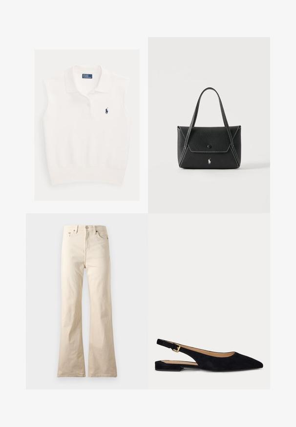 Wit mouwloos poloshirt met kraag, twee knopen en marineblauw Ralph Lauren polo-spelerlogo op de linkerborst.; Beige high-waist broek met rechte pijpen, vooraan knoop en ritssluiting, met voor- en achterzakken, weergegeven op een effen achtergrond.; Zwarte suède platte slingback met spitse neus, lage hak en verstelbare gouden gesp.; Zwarte leren handtas met twee handvatten, klep aan de voorkant met knoopsluiting, witte stiksels en een klein paardenlogo op een effen achtergrond.