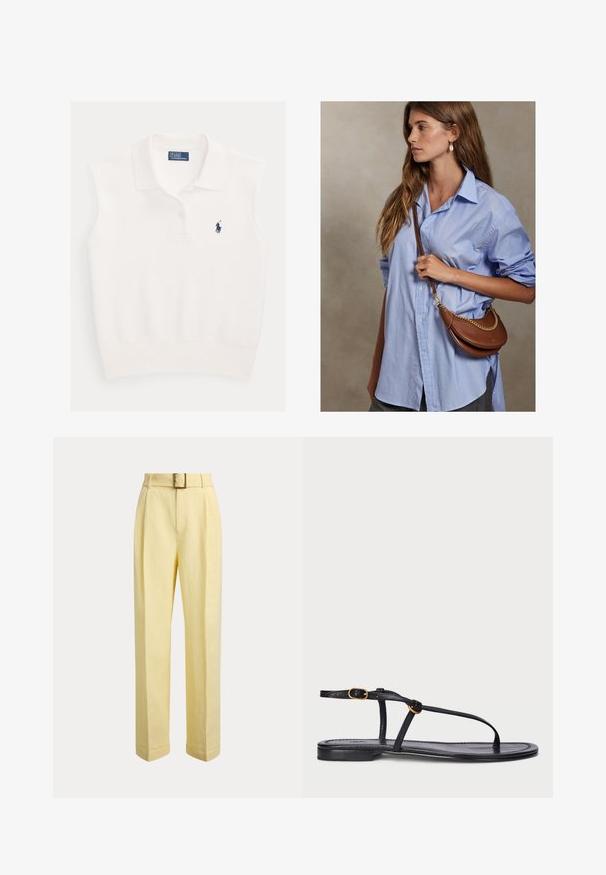 Biele tielkové polo s golierom, dvoma gombíkmi a tmavomodrým logom hráča polo Ralph Lauren na ľavej strane hrudníka.; Svetložlté nohavice s vysokým pásom, prednými záhybmi, manžetami na nohaviciach a zladeným opaskom so štvorcovou kovovou prackou.; Čierne ploché sandále s minimalistickým dizajnom. Obsahujú tenké popruhy, prstový opierok, zlaté dekoratívne prvky a hladkú štruktúrovanú podrážku.; Mladá žena s dlhými hnedými vlasmi, ktorá nosí svetlomodrú voľnú košeľu a drží hnedú koženú crossbody kabelku so zlatým reťazcom.