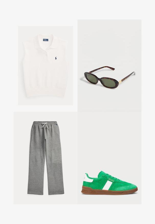 Biele tielkové polo s golierom, dvoma gombíkmi a tmavomodrým logom hráča polo Ralph Lauren na ľavej strane hrudníka.; Sivé tepláky s bielou šnúrkou v páse a bočnými vreckami, s malým tmavomodrým vyšívaným logom pri páse.; Zelené semišové tenisky s bielym horizontálnym pruhom, hnedou gumovou podrážkou a tónovanými šnúrkami. Branding na bočnej a zadnej strane.; Oválne slnečné okuliare s tmavo zelenými sklami, hnedým želvovinovým rámom a tenkými stranicami, zobrazené na bielom pozadí.