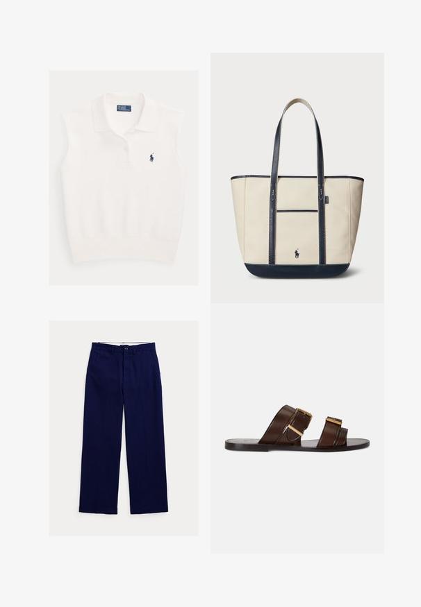 Wit mouwloos poloshirt met kraag, twee knopen en marineblauw Ralph Lauren polo-spelerlogo op de linkerborst.; Marineblauwe rechte broek met riemlussen, knoopsluiting aan de voorkant en zijzakken op een witte achtergrond.; Bruine leren slippers met twee brede bandjes met goudkleurige gespen, een platte zool en minimale stikdetails.; Canvas totebag in crème met marineblauwe accenten. Beschikt over twee lange handvatten, een voorvak en een klein logo. Gestikte details door het hele ontwerp.
