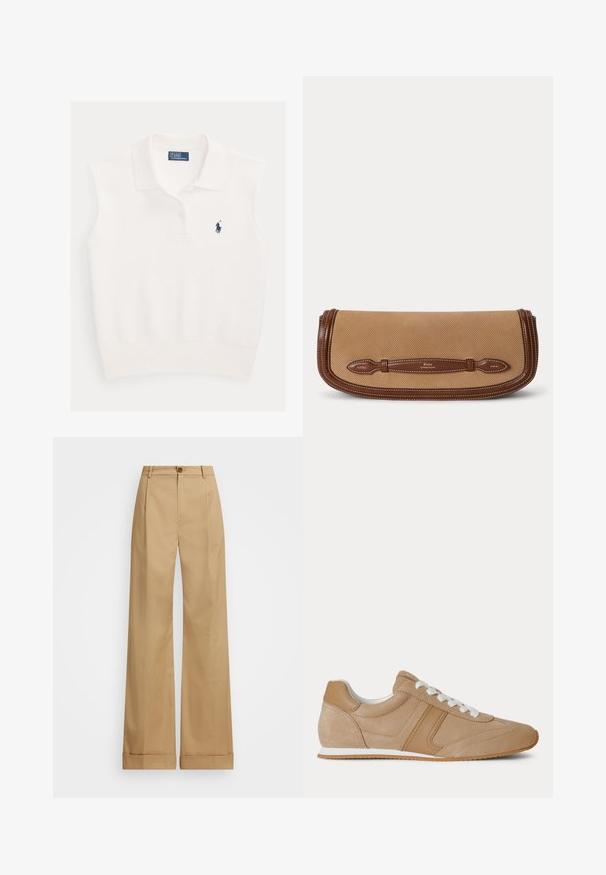 Polo blanco sin mangas con cuello, dos botones y logo del jugador de polo Ralph Lauren en azul marino en el pecho izquierdo.; Pantalones de pierna ancha beige con cierre de botón, que presentan una textura suave y pliegues planchados. Dobladillos con puños para un detalle adicional.; Zapatilla baja de ante y cuero marrón claro con cordones blancos y suela de goma blanca vista de lado sobre fondo blanco.; Bolso clutch de tela beige con ribete y asa de cuero marrón con logotipo en relieve de Polo by Ralph Lauren.