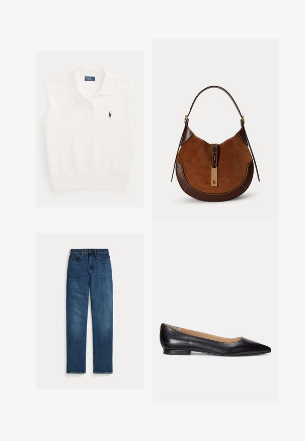 Hvid ærmeløs polo med krave, to knapper og navyblåt Ralph Lauren polo-spillerlogo på venstre bryst.; Straight-leg blå denim jeans med fem lommer, knaplukning og subtil falmning på lår og knæ, lagt fladt på hvid baggrund.; Sorte læder ballethsko med spids tå, lav hæl og et guldakcent på hælen. Glat tekstur med en klassisk silhuet.; Brun ruskind- og lædertaske formet som en halvmåne med enkelt rem og guldfarvet lukning med et lille hest og rytter logo.