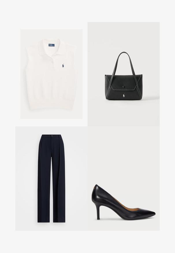 Wit mouwloos poloshirt met kraag, twee knopen en marineblauw Ralph Lauren polo-spelerlogo op de linkerborst.; Marine brede broek met plooien, een knoopsluiting en een gladde stofstructuur. Ontworpen voor een losse, comfortabele pasvorm.; Lauren Ralph Lauren LANETTE PUMPS CLOSED TOE - Klassieke pumps - black; Zwarte leren handtas met twee handvatten, klep aan de voorkant met knoopsluiting, witte stiksels en een klein paardenlogo op een effen achtergrond.