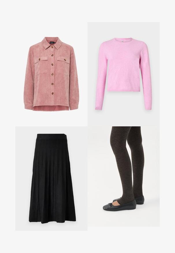 Pull rose à manches longues en maille douce et légère. Comprend un col rond et un ourlet côtelé. Design simple sans motifs ni ornements.; Veste en velours côtelé rose avec des manches longues, deux poches poitrine et des boutons marron. Elle comporte un col classique et un tissu texturé à côtes.; Jupe plissée noire en tissu doux, dotée d'une taille côtelée et d'un design fluide qui s'étend jusqu'à mi-mollet.; Jambes portant des leggings côtelés foncés associés à des ballerines noires avec de petits détails en nœud sur fond blanc.