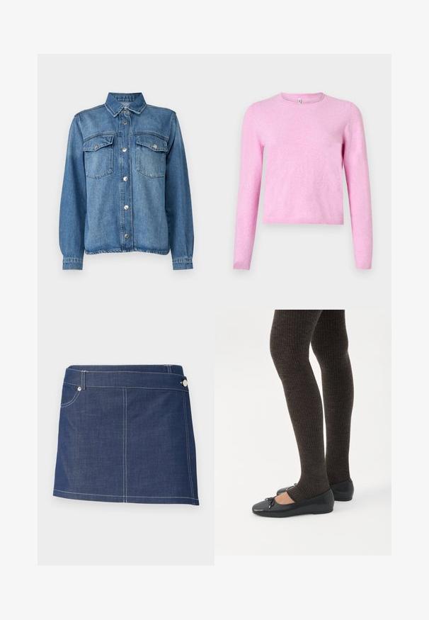 Lyserød langærmet sweater i blødt, let strik. Har rund halsudskæring og ribbet kant. Enkel design uden mønstre eller pynt.; Lysblå denimjakke med frontlukning med knapper, to brystlommer, spidse kraver og lange ærmer med knapmanchetter.; Mørkeblåt denim miniskørt med hvid syning, der har en enkelt forlommer og en metalknaplukning ved taljen.; Ben iført mørke ribbede leggings kombineret med sorte balletsko med små sløjfedetaljer på hvid baggrund.
