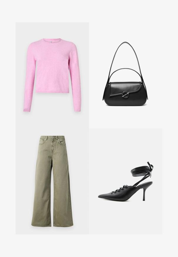 Lyserød langærmet sweater i blødt, let strik. Har rund halsudskæring og ribbet kant. Enkel design uden mønstre eller pynt.; Højtaljede, olivengrønne vide jeans med frontknap, lynlås og fem lomme-design på en hvid baggrund.; Sort spids sko med høje hæle, snørelukning foran og omlægning omkring anklerne bundet med sløjfe, vist fra siden på hvid baggrund.; Sort skuldertaske i læder med en buet klap, der er fastgjort med en rund metal spænde, og en slank, justerbar rem.