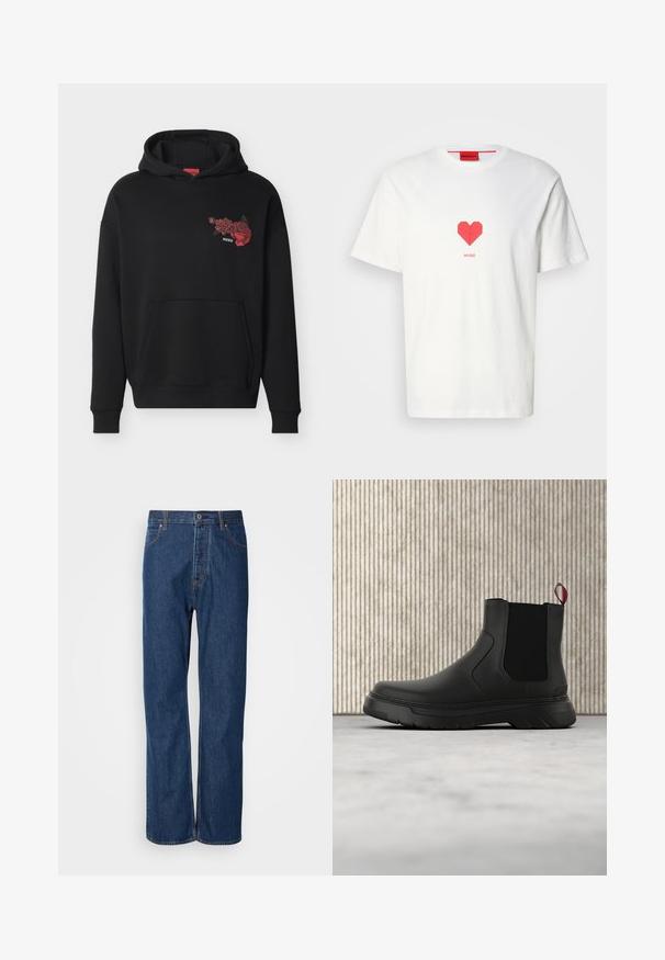 Sort hættejakke med frontlomme, med et lille rødt rosedesign og teksten "HUGO" på venstre bryst.; Hvid bomuld T-shirt med et rødt hjertegrafik i midten. Brandnavnet "HUGO" er trykt under hjertet i en simpel skrifttype.; Blå denim jeans med lige ben, der har en knaplukning, fem lommer og kontraststikninger langs sømmene.; Sort ankelstøvle med en glat overflade, elastiske sidepaneler og en kontrasterende rød træksløjfe, der har en tyk gummisål og rund tå.