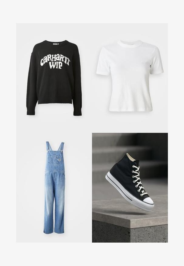 Sort striktrøje med en afslappet pasform, rund halsudskæring og hvid "CARHARTT WIP" logo på forsiden. Blød tekstur, lange ærmer.; Hvid ribbet kortærmet T-shirt med rund halsudskæring og et lille logo på brystet. Lavet af blødt stof med en tætsiddende pasform.; Lysblå denim overalls med justerbare stropper, stor frontlomme og brede ben. Stoffet viser gradientvask effekt og små slidte detaljer.; Sort højt sneakers med hvide snørebånd og gummisål balancerer på kanten af en grå betonplatform.