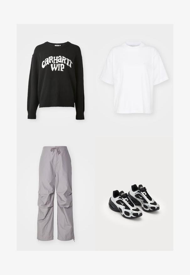 Sort striktrøje med en afslappet pasform, rund halsudskæring og hvid "CARHARTT WIP" logo på forsiden. Blød tekstur, lange ærmer.; Hvid bomulds t-shirt med rund hals, korte ærmer og en afslappet pasform. Har et diskret logo på venstre brystområde. Glat tekstur.; Grå, løstsiddende bukser lavet af letvægtigt stof, med snøre i taljen og tapered ærmer med lynlåse. Tekstureret finish.; Sorte og sølv atletiske sko med en overdel i mesh og syntetisk materiale, der har et karakteristisk bølget design og polstret krave, samt luftdæmpning i sålen.