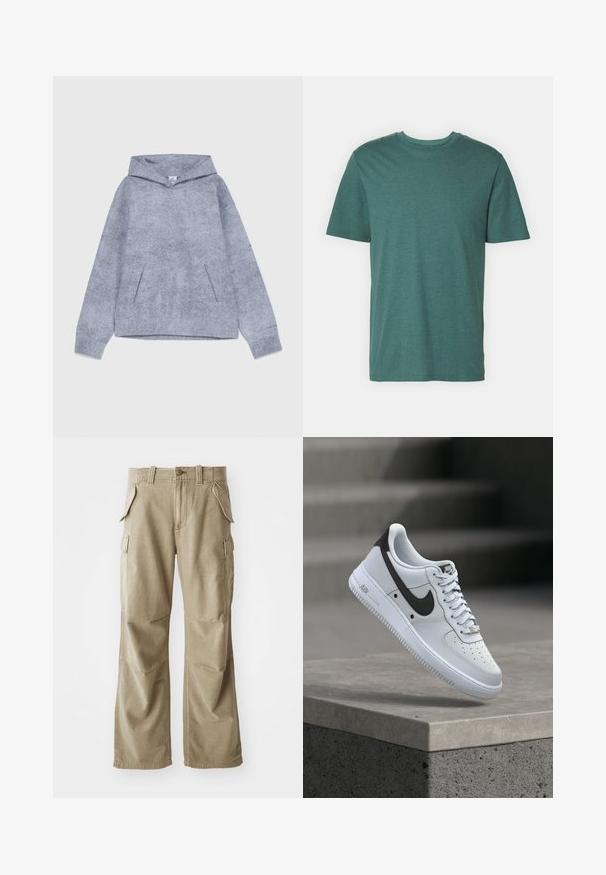 Grå hættetrøje lavet af tekstureret stof. Har en frontlomme og manchetter ved ærmerne. Minimalistisk design uden synlige logoer.; Kortærmet t-shirt med rund hals i mørk teal. Fremstillet af blødt, tekstureret stof med en glat overflade. Ingen mønstre eller yderligere detaljer.; Beige cargo bukser lavet af slidstærkt stof, med en afslappet pasform, flere sidelommer og forstærkede knæ. Flad frontdesign.; Hvid Nike Air Force 1 sneaker med sort swoosh-logo, svævende over en betonforkant med slørede trapper i baggrunden.