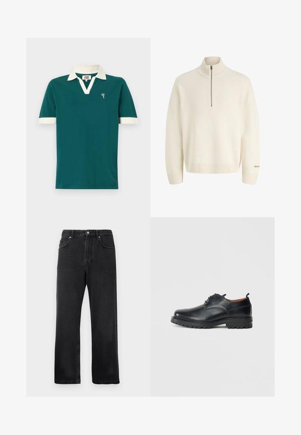 Crèmekleurige trui met lange mouwen, geribde hoge kraag, ritssluiting tot halverwege en geribde manchetten en zoom, met kleine geborduurde tekst op de mouw.; Teal poloshirt met een witte kraag en accenten op de mouwen. Heeft een v-halsontwerp en een klein decoratief embleem op de linkerborst.; Zwarte rechttoe-rechtaan jeans met voorzakken, riemlussen en een knoopsluiting op een witte achtergrond.; Zwarte leren derby schoenen met een gladde textuur, ronde neus, vetersluiting en een dikke, robuuste rubberen zool.