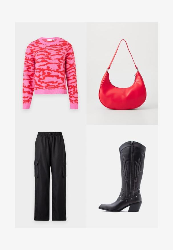 Suéter rosa con un patrón abstracto rojo, cuello redondo, mangas largas y dobladillo acanalado. Hecho de tela de punto suave.; Pantalones cargo negros con cintura elástica, dos bolsillos laterales y un diseño relajado de pierna ancha. Fabricados con un material suave y ligero.; Botas vaqueras de cuero negro con puntera puntiaguda, costuras visibles, detalles de tachuelas plateadas y cierre de cremallera en el lado interior.; Bolso de hombro de piel sintética roja con forma curvada, correa delgada y cierre de cremallera. Textura suave con detalles de costura visibles.