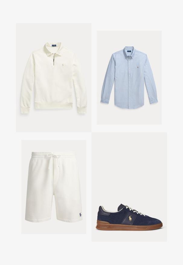 Hvid langærmet pullover med kvart lynlås, krave og lille broderet logo på venstre bryst.; Lyseblå langærmet skjorte med hvide lodrette striber og et lille broderet Polo Ralph Lauren-logo på brystet.; Hvide bomuldsshorts med elastisk talje, snor og sidelommer. Har en lille blå polo-logo på nederste venstre side.; Mørkeblå lavtopsneaker med hvide snørebånd, brun sål og Polo-spiller logo på siden, set fra venstre.